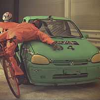 Crash test between a car and a bicycle with child seat